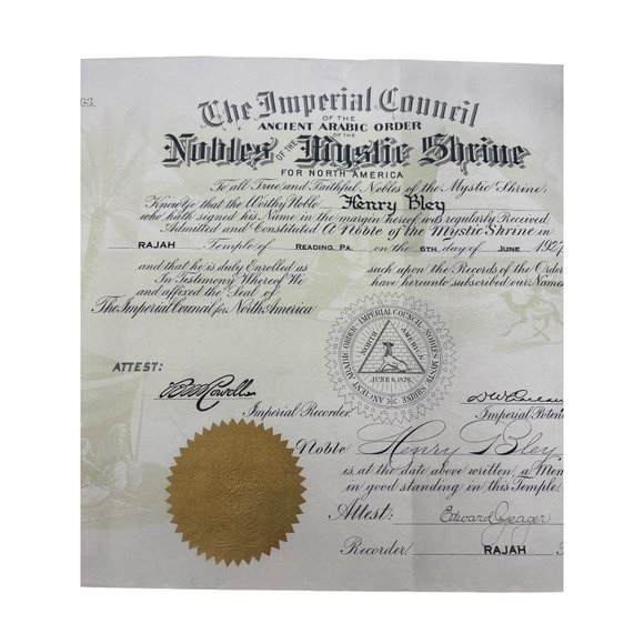 1927 Nobles of the Mystic Shrine Membership Certificate Rajah Temple Reading PA - Picture 3 of 8